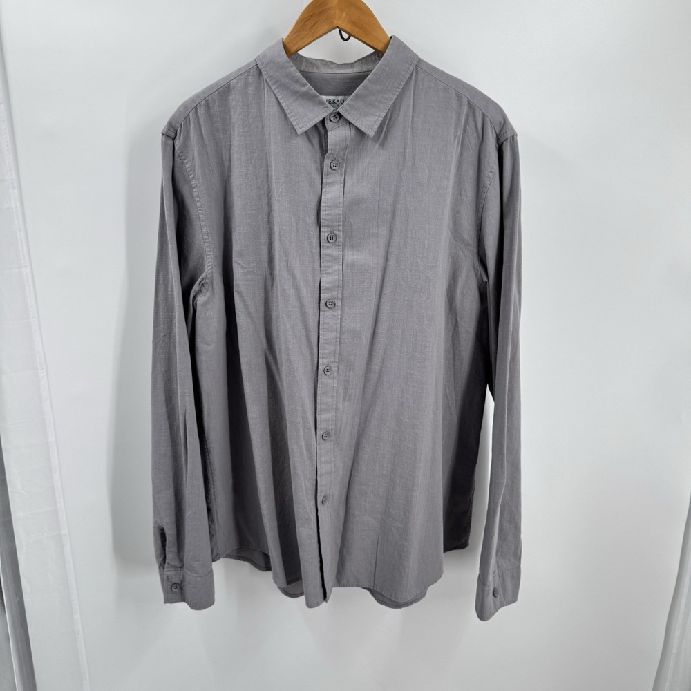 Men Button Up Shirt XL Gray Cotton Linen Blend Long Sleeve Coastal Casual Travel